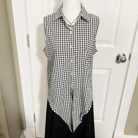 TAMARA H. Black white gingham sleeveless adjustable tie front MEDIUM LARGE shirt - Picture 6 of 14